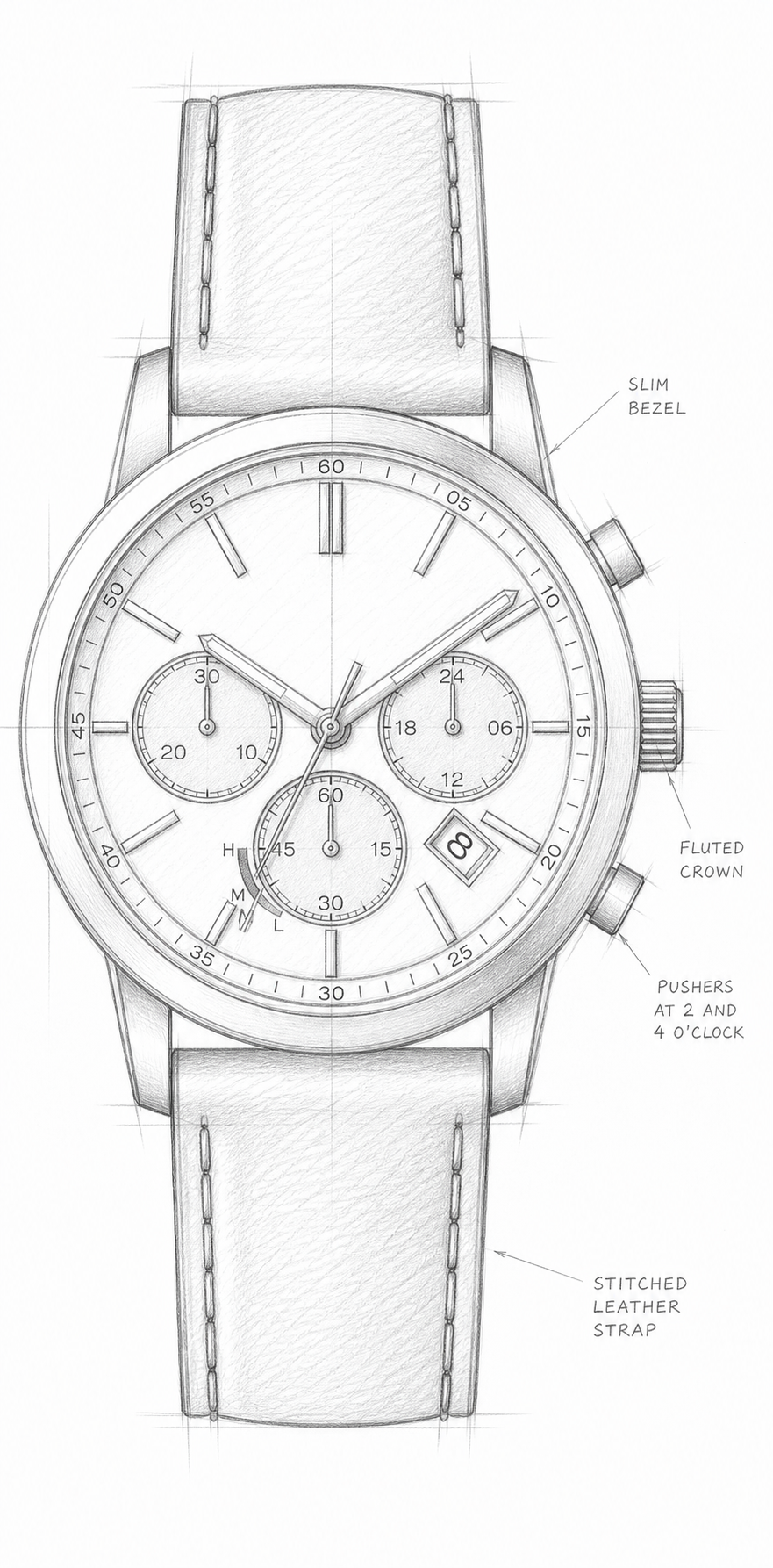 Concept sketch of the blue-dial chronograph used to align the design direction