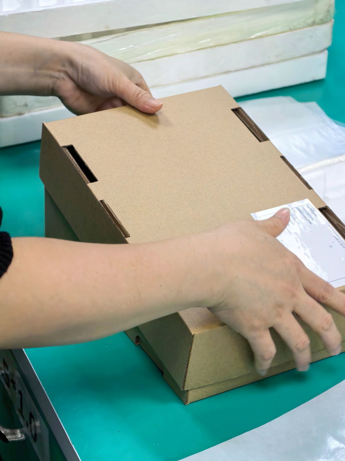 Packaging carton being prepared for outgoing shipment in the factory.