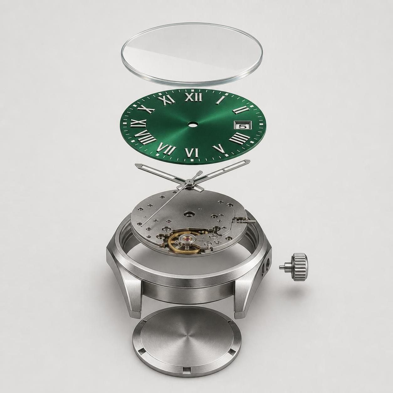 Exploded technical render of the same green-dial wristwatch showing the core watch components without a bracelet