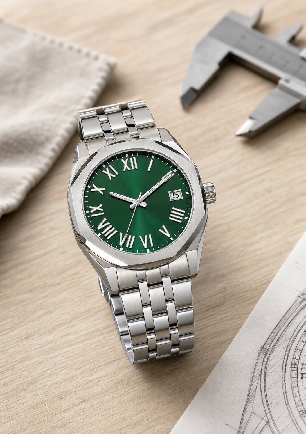 Realistic product photo of the finished green-dial watch sample on a workbench