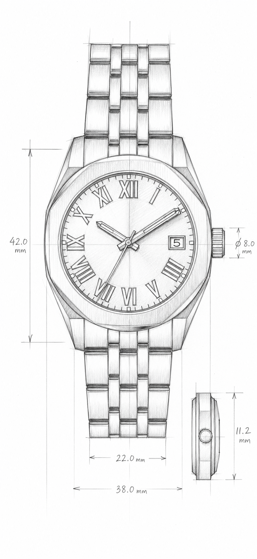 Industrial pencil sketch of a green-dial wristwatch with technical annotations