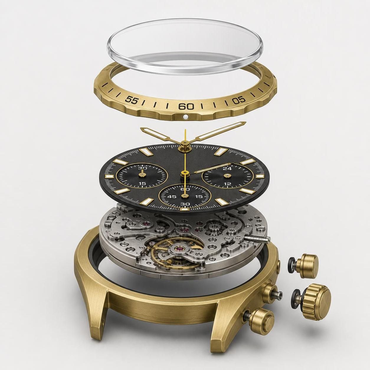 Component render of the yellow-accented sport chronograph core assembly used before physical sample confirmation