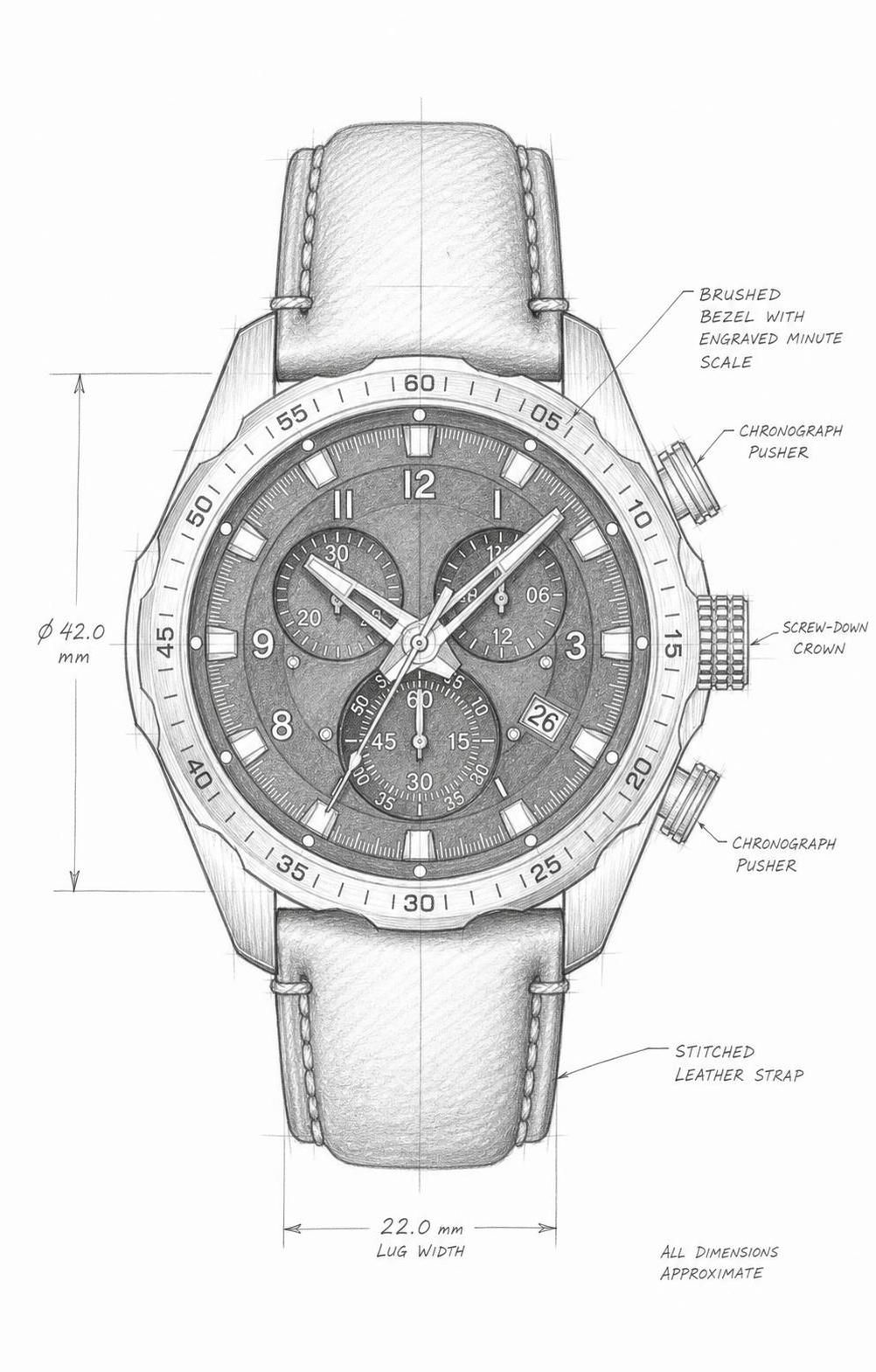 Concept sketch of the yellow-accented sport chronograph used to present early design intent